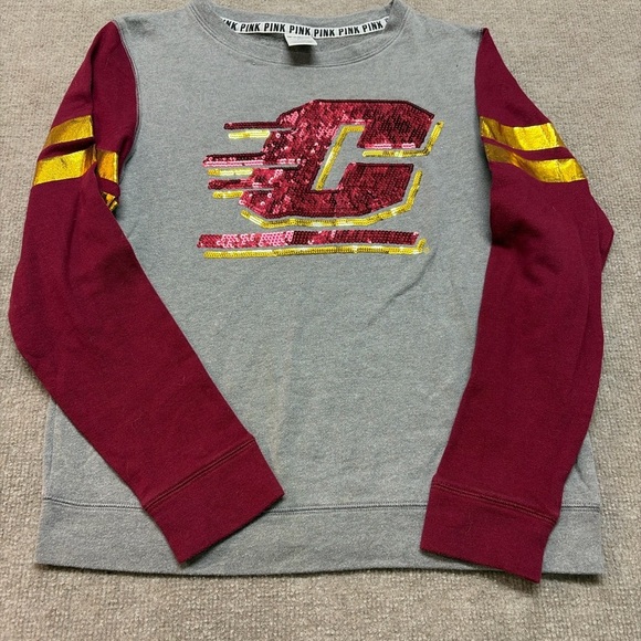 Victoria's Secret Tops - Victoria’s Secret PINK Sequin Crewneck Sweatshirt Gray CMU Gold Bling Logo 0730